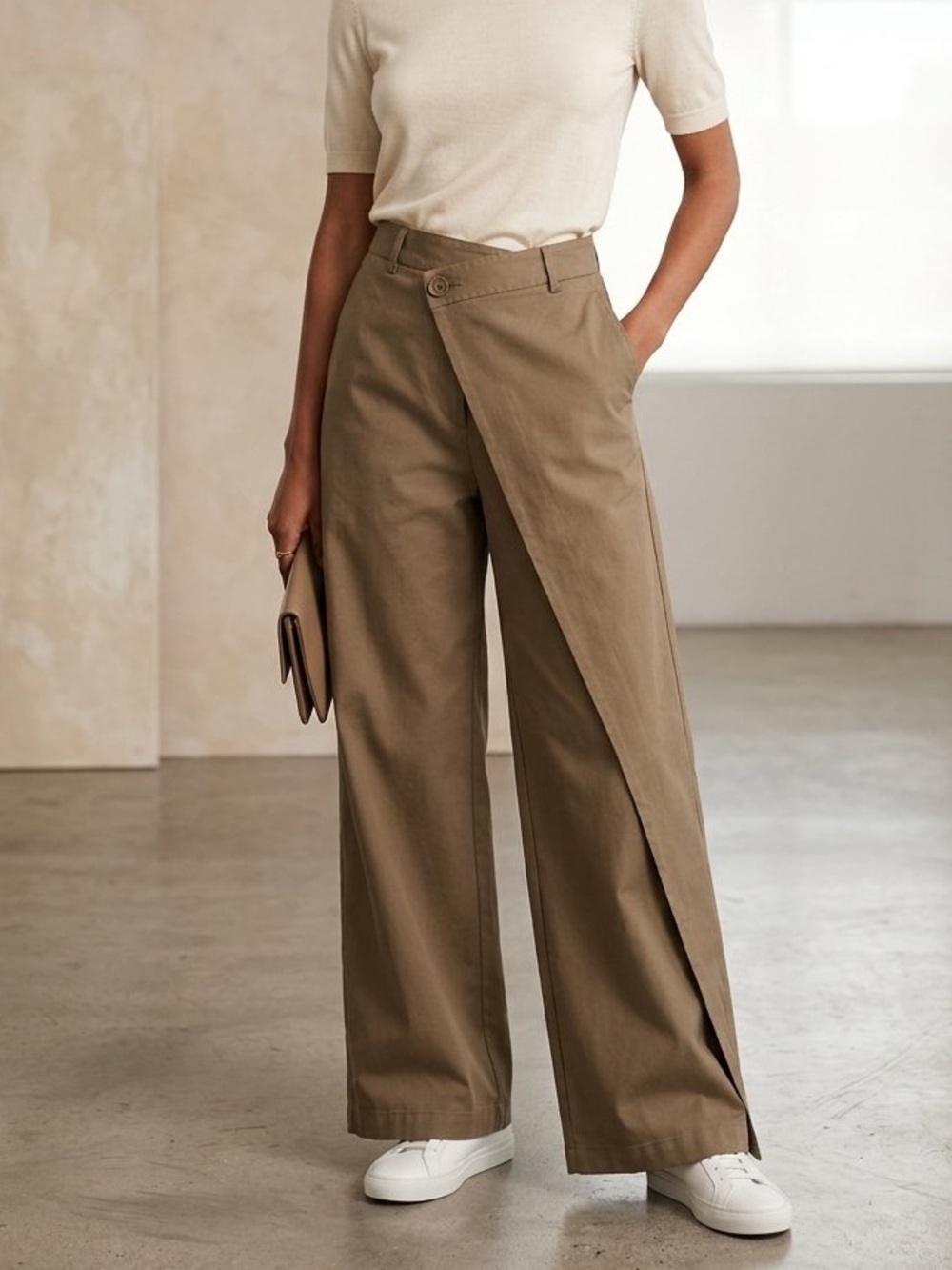Commense Khaki Asymmetrical High Waist Wrap Wide Leg Pants Sz XS